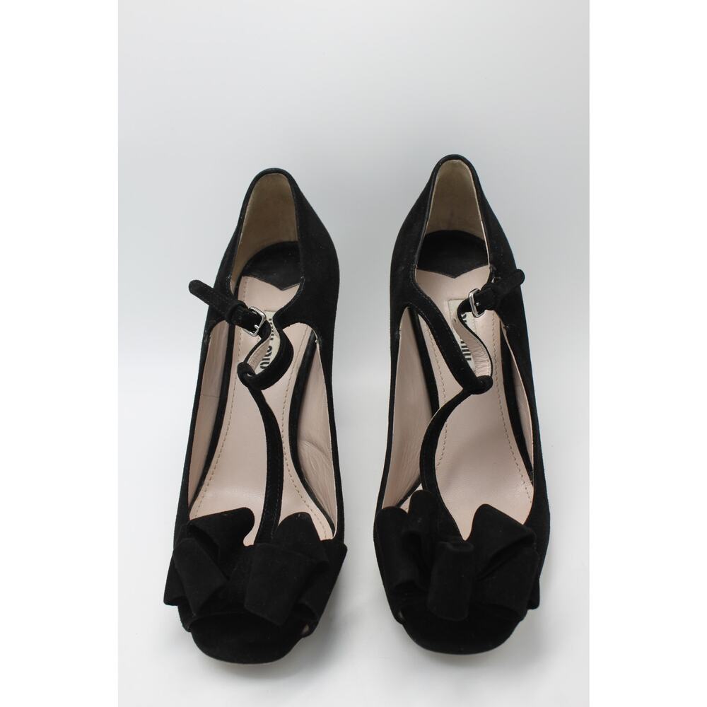 Miu Miu Black T Strap Peep Toe Suede 3" High Heels Event Wedding Shoes Size 38
